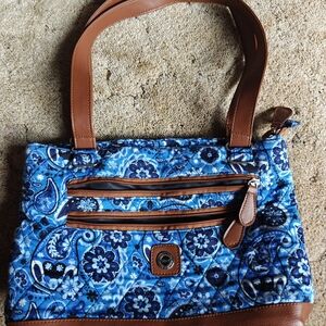 Elegant Blue Floral Shoulder Bag with Brown Accents
